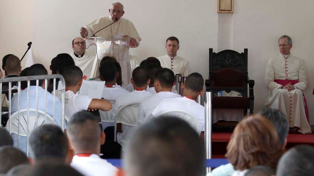 Pope Francis delivers his speech before a penitential liturgy at the Las Garzas de Pacora detention center, in Panama, Friday, Jan. 25, 2019. Francis on Friday denounced how society puts up "invisible walls" to marginalize sinners and criminals as he brought World Youth Day to Panama's juvenile delinquents who can't participate in the Catholic Church's big festival of faith. (AP Photo/Alessandra Tarantino)
