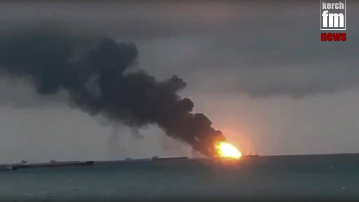 In this video grab provided by the Kerch.fm web portal, the two vessels, the Maestro and the Candy, were burning near the Kerch Strait linking the Black Sea and the Sea of Azov on Monday. (Kerch.fm via AP)