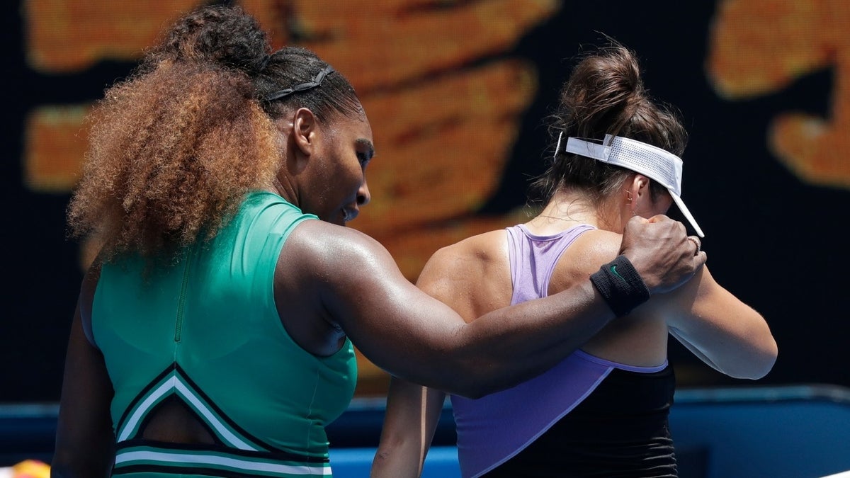 Serena Williams is seen comforting Tatjana Maria after winning her match on Tuesday, Jan. 15, 2019.