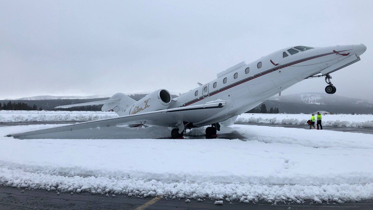 Heavy snow caused a business jet to pop a wheelie at the Truckee Tahoe Airport on the California/Nevada border.