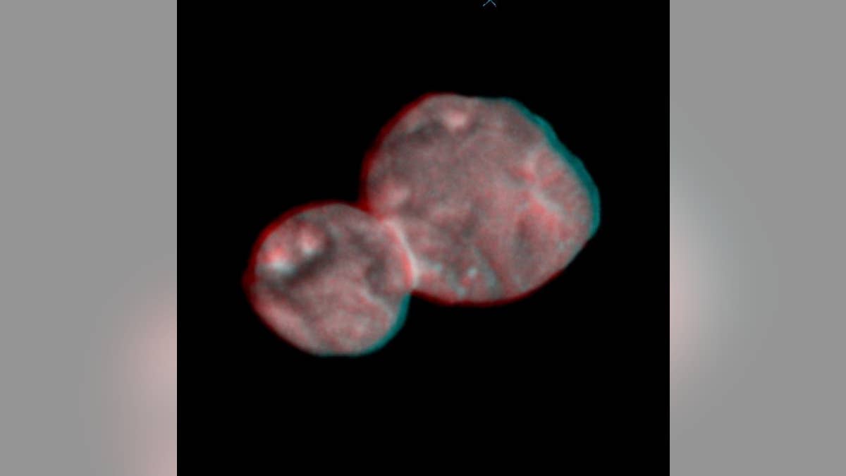 The New Horizons science team created the first stereo image pair of Ultima Thule. This image can be viewed with stereo glasses to reveal the Kuiper Belt object's three-dimensional shape. (Credit: NASA/JHUAPL/SwRI)