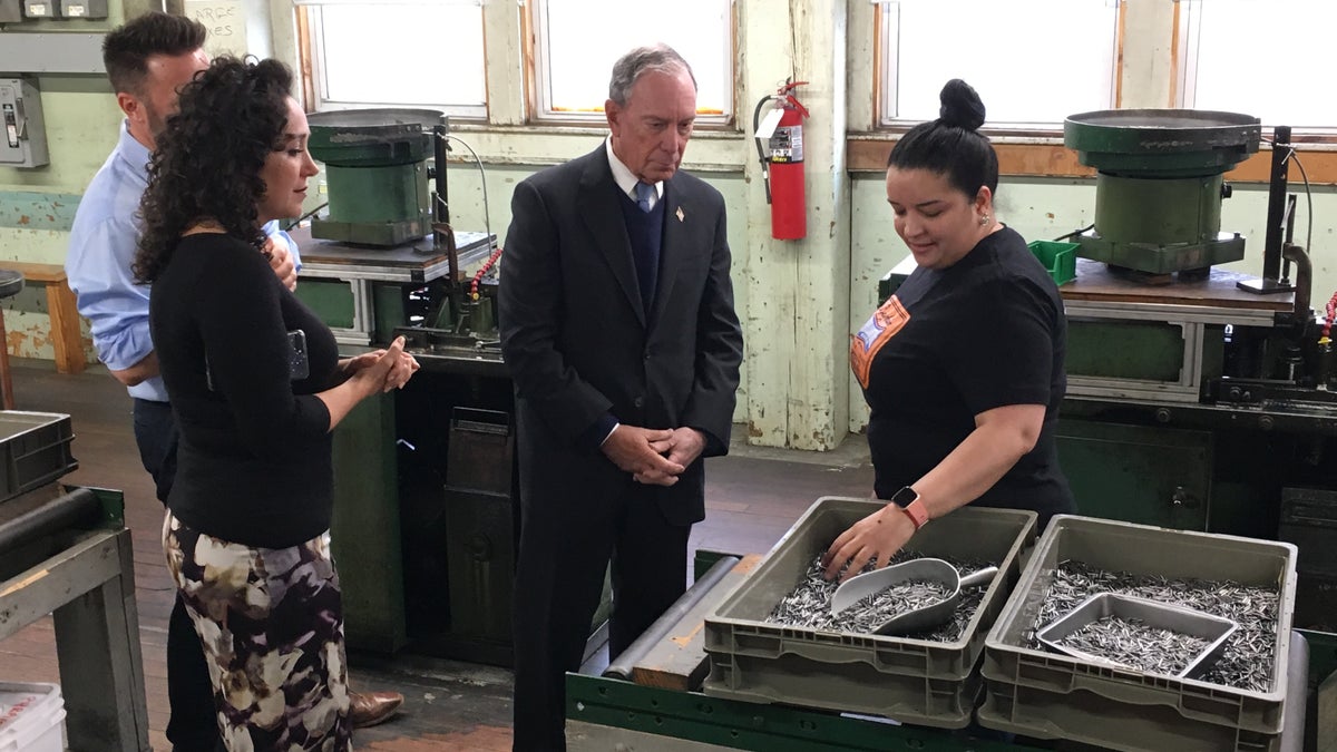 Bloomberg meeting with employees at the WH Bagshaw Company in Nashua, New Hampshire, which touts itself as the oldest pin manufacturer in the country.