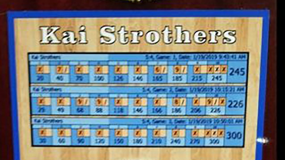 A scorecard shows the perfect 300 game that Kai Strothers, 10, recently rolled in New Jersey. (Facebook)