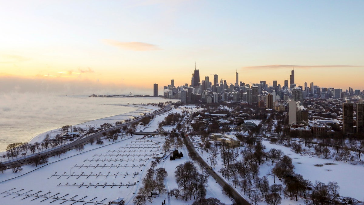 Chicago's lakefront is covered with ice on Wednesday, Jan. 30, 2019.