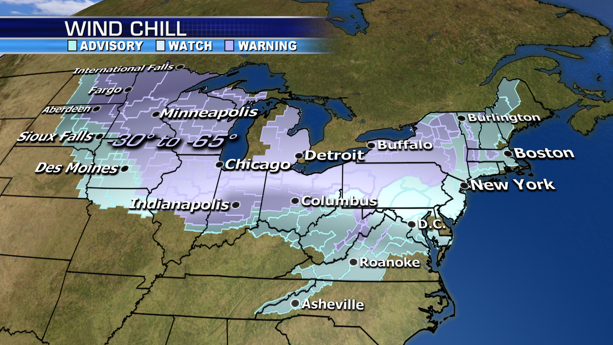 Wind chill warnings and advisories span the Midwest and Northeast due to the polar vortex.