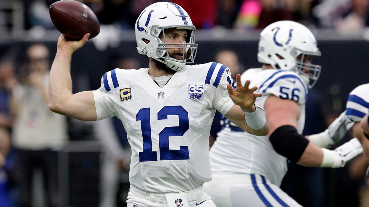 Indianapolis Colts quarterback Andrew Luck (12) throws against the Houston Texans during the first half of an NFL wild card playoff football game, Saturday, Jan. 5, 2019, in Houston. (Associated Press)