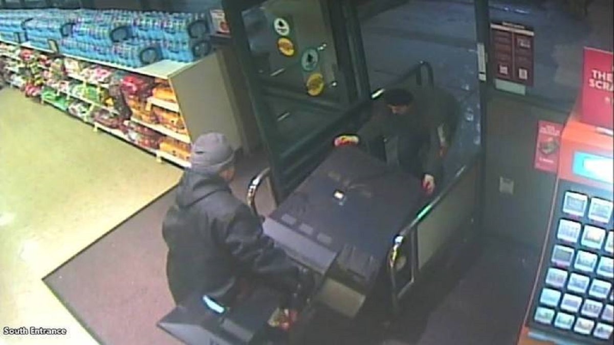 A security camera caught two men stealing a California State Lottery kiosk from a Safeway grocery store last week.