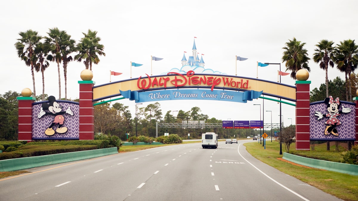 Walt Disney World main entrance sign as seen driving from the south on World Drive into the park on Nov. 25, 2013 in Orlando, Florida.