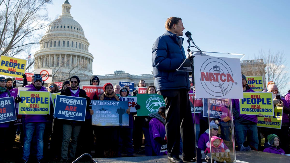 Sen. Richard Blumenthal, D-Conn., speaks at an Air Traffic and pilot unions protest against the government shutdown on Capitol Hill in Washington, Thursday, Jan. 10, 2019. (AP Photo/Andrew Harnik)