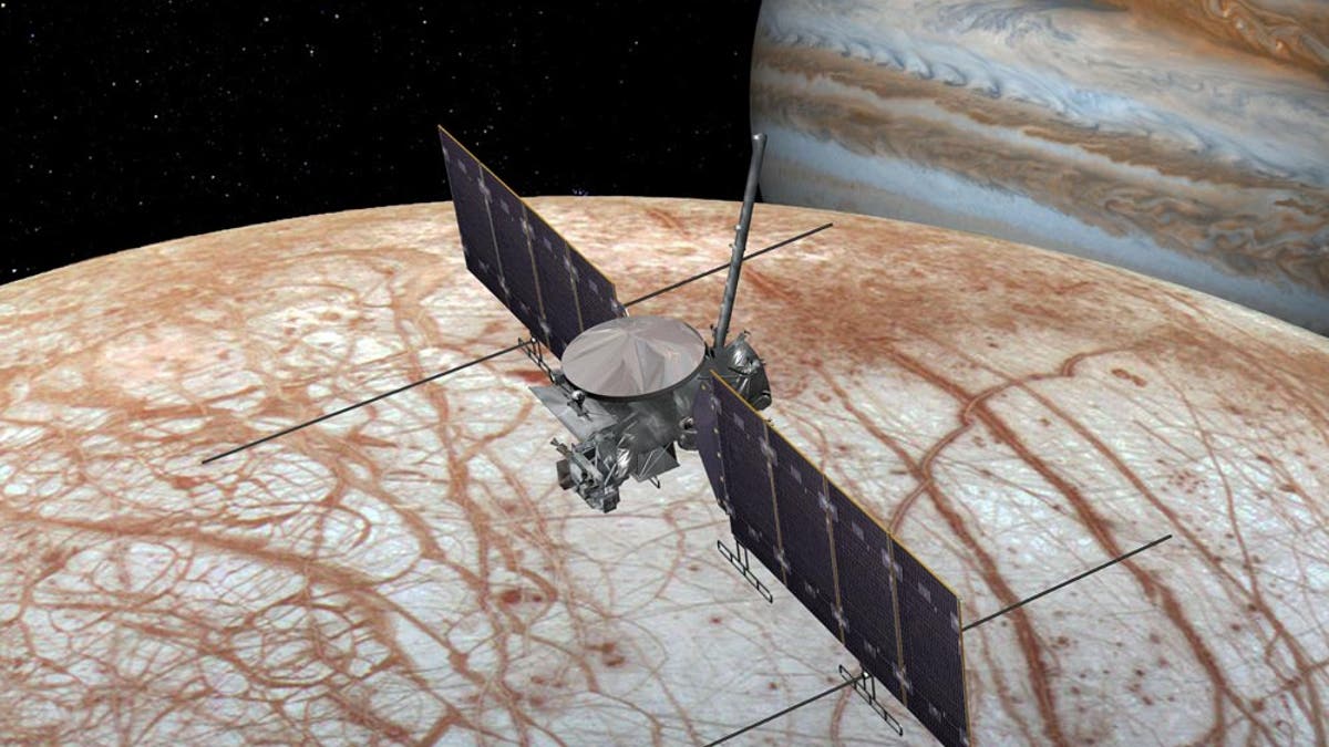 An artist's depiction of the Europa Clipper spacecraft at work near Jupiter's moon Europa.