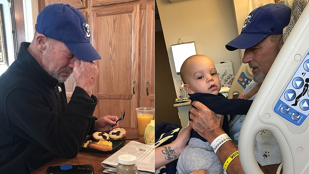 In the photo on the left, T. Scott Marr is reading the story from local paper about his miraculous recovery. On the right, Marr is holding his grandson.
