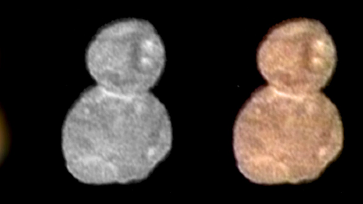 This image made available by NASA on Wednesday, Jan. 2, 2019 shows images with separate color and detail information, and a composited image of both, showing Ultima Thule, about 1 billion miles beyond Pluto. The New Horizons spacecraft encountered it on Tuesday, Jan. 1, 2019. (NASA via AP)