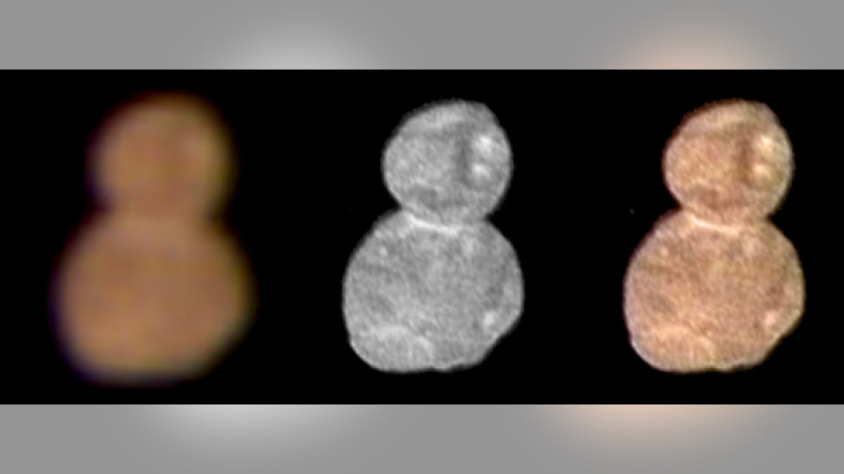 This image made available by NASA on Wednesday, Jan. 2, 2019 shows images with separate color and detail information, and a composited image of both, showing Ultima Thule, about 1 billion miles beyond Pluto. The New Horizons spacecraft encountered it on Tuesday, Jan. 1, 2019. (NASA via AP)