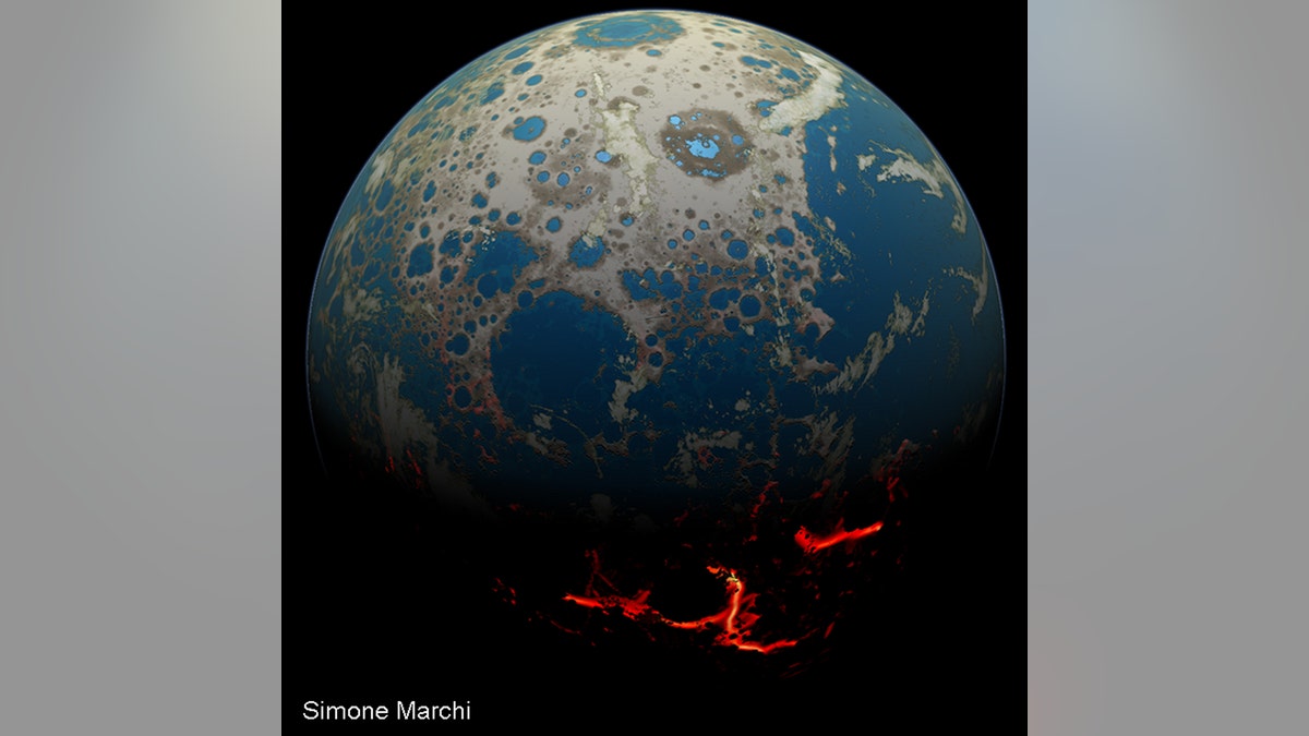 An artistic rendering of the Hadean Earth when the rock fragment was formed. Impact craters, some flooded by shallow seas, cover large swaths of the Earth’s surface. The excavation of those craters ejected rocky debris, some of which hit the Moon. (Credit: Simone Marchi)