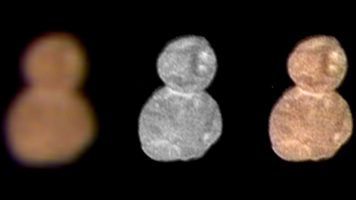 This image made available by NASA on Wednesday, Jan. 2, 2019 shows images with separate color and detail information, and a composited image of both, showing Ultima Thule, about 1 billion miles beyond Pluto. The New Horizons spacecraft encountered it on Tuesday, Jan. 1, 2019.
