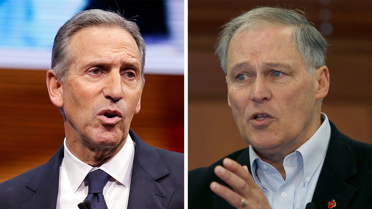 Washington Gov. Jay Inslee, right, is the latest Democrat to oppose the prospective presidential bid of former Starbucks CEO Howard Schultz, insisting that an independent run unintentionally would help President Trump win another four years in office. (AP)