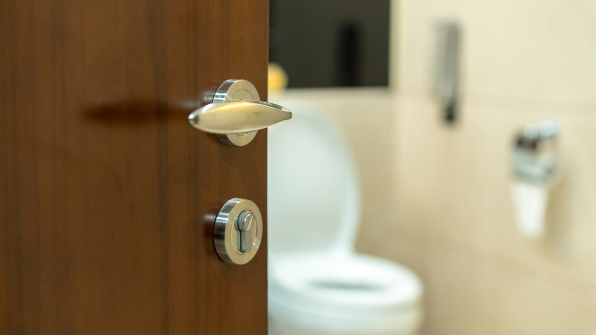 toilettes derrière la porte de la salle de bain