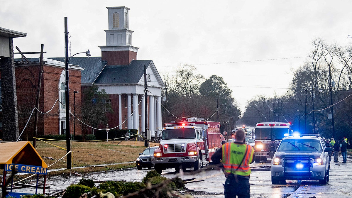 The damaged First Baptist Church is seen after a heavy storm in Wetumpka, Ala., on Saturday, Jan. 19, 2019.