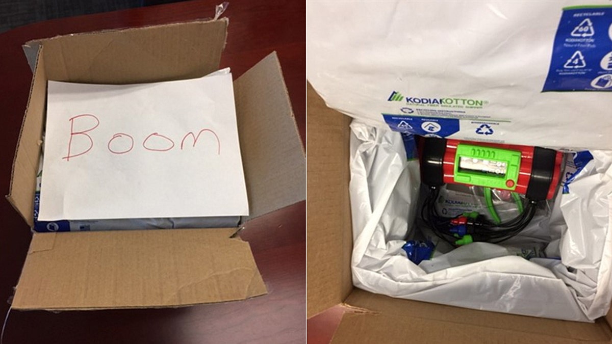 The toy bomb was insulated with plastic packaging and contained a red cylinder-shaped object with protruding wires, along with a handwritten note with the word "boom."