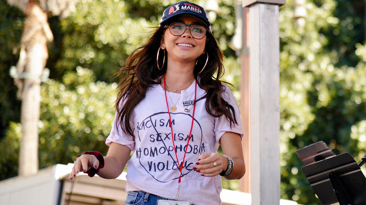 LOS ANGELES, CALIFORNIA - JANUARY 19:  Actor Sarah Hyland seen onstage during the 2019 Women's March Los Angeles on January 19, 2019 in Los Angeles, California. (Photo by Chelsea Guglielmino/Getty Images)