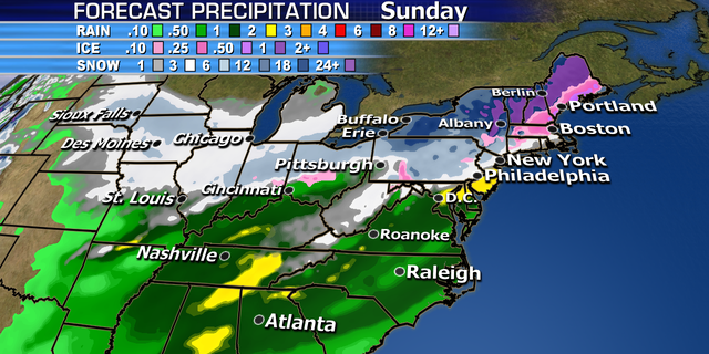 The forecast precipitation from the weekend storm in the Midwest and Northeast.