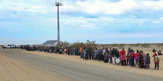This Monday, Jan. 14, 2019 photo released by U.S. Customs and Border Protection shows some of 376 Central Americans the Border Patrol says it arrested in southwest Arizona, the vast majority of them families, who used short holes dug under a barrier to cross the border in multiple spots about 10 miles east of San Luis, Ariz. The unusually large group was almost entirely from Guatemala.