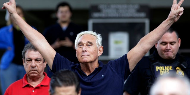 Former campaign adviser for President Donald Trump, Roger Stone walks out of the federal courthouse following a hearing, Friday, Jan. 25, 2019, in Fort Lauderdale, Fla. Stone was arrested Friday in the special counsel's Russia investigation and was charged with lying to Congress and obstructing the probe. (AP Photo/Lynne Sladky)