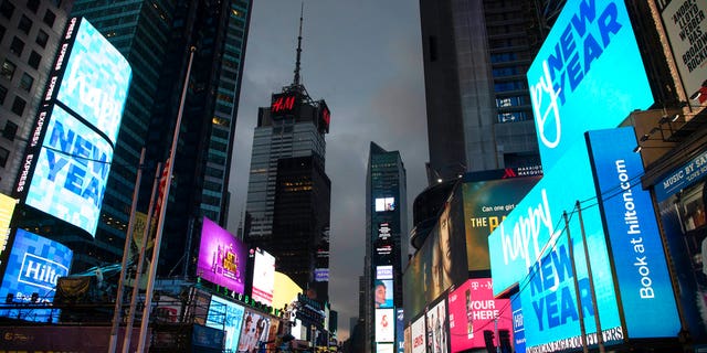 Billboards welcome in the new year in New York's Times Square, Monday, Dec. 31, 2018. (Associated Press)