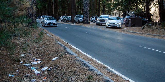 A road lined with trash in Yosemite National Park, Calif.