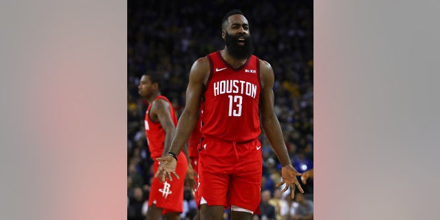 Houston Rockets' James Harden reacts during the second half of the team's NBA basketball game against the Golden State Warriors Thursday, Jan. 3, 2019, in Oakland, Calif. (AP Photo/Ben Margot)