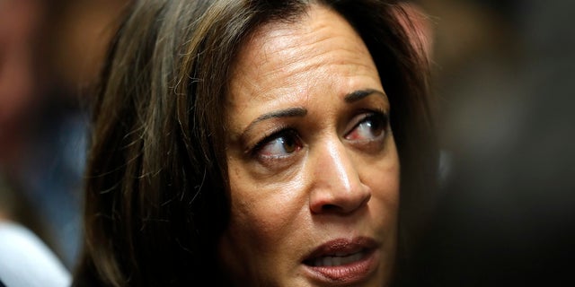 U.S. Sen. Kamala Harris, D-Calif., speaks to reporters following an event at Des Moines Area Community College in Ankeny, Iowa. (Associated Press)