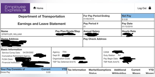 This portion of Bill Striffler's electronic pay stub, provided by him to the Associated Press on Friday, Jan. 11, 2019, with portions blacked out by him, shows his recent pay to be $0.00 for his work as an air traffic controller at Newark Liberty International Airport in New Jersey. (Associated Press)