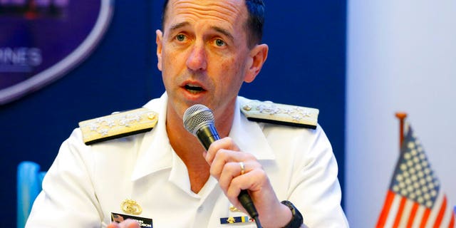 FILE: Adm. John Richardson, chief of Naval Operations of the U.S. Navy, speaks during a news conference in suburban Quezon city, Philippines.