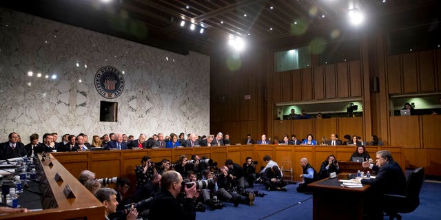 Attorney General nominee William Barr, right, testifies during a Senate Judiciary Committee hearing on Capitol Hill in Washington, Tuesday, Jan. 15, 2019. Barr will face questions from the Senate Judiciary Committee on Tuesday about his relationship with Trump, his views on executive powers and whether he can fairly oversee the special counsel's Russia investigation. Barr served as attorney general under George H.W. Bush. (AP Photo/Andrew Harnik)