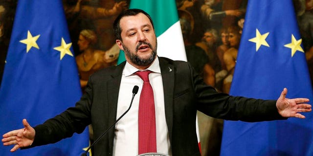 Italian Deputy Premier and Interior Minister Matteo Salvini speaks at a press conference following a Cabinet meeting at Chigi Palace's premier office in Rome, Thursday, Jan. 17, 2019. (Riccardo Antimiani/ANSA via AP)