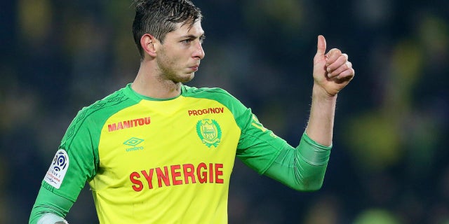 Argentine soccer player Emiliano Sala, of the FC Nantes club, western France, gives a thumbs up during a soccer match against PSG in Nantes, France, Jan. 14, 2018. (Associated Press)