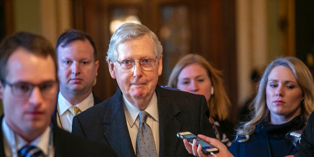   Senate Majority Leader Mitch McConnell, R-Ky. , leaving the room after talking about his plan to move a 1,300-page spending measure, which includes $ 5.7 billion to finance the wall proposed by President Donald Trump along the US-Mexico border, the point of stalemate in the impasse between the Democrats and Trump that led to a partial closure of the Capitol government in Washington on Tuesday, January 22, 2019. (AP Photo / J. Scott Applewhite) 