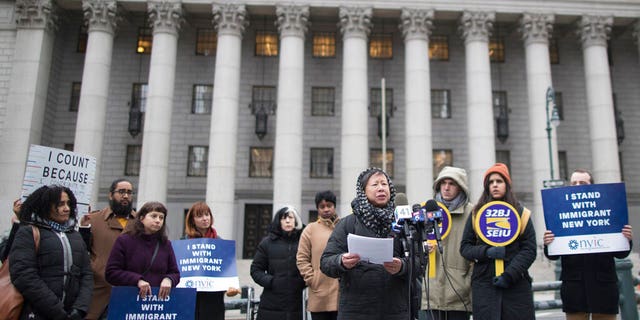 FILE - In this Nov. 27, 2018, file photo, Elizabeth OuYang, Coordinator of New York Counts 2020, speaks during a news conference outside the Thurgood Marshall United States Courthouse. The Trump administration says it will appeal directly to the Supreme Court to be allowed to include a citizenship question on the 2020 census, bypassing the court of appeals and seeking a final ruling by the end of June 2019. (AP Photo/Mary Altaffer, File)