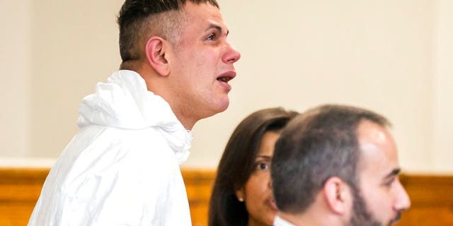 Victor Pena, left, reportedly cried, suck his thumb, and prayed to God in court on Wednesday as he was arraigned on kidnapping charges.