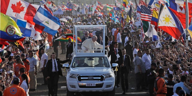 Pope Francis arrives in his popemobile to close out World Youth Day in Panama City, Panama in a mass on Sunday attended by an estimated 700,000 people