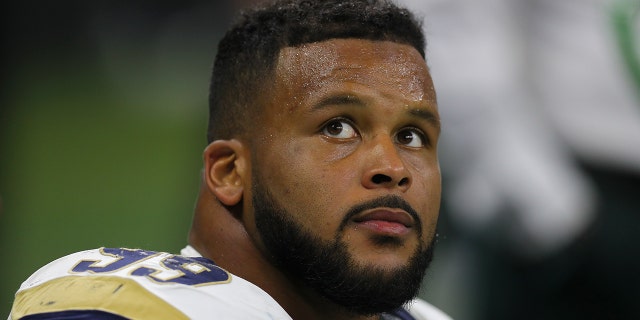 NEW ORLEANS, LOUISIANA - JANUARY 20: Aaron Donald #99 of the Los Angeles Rams looks on against the New Orleans Saints during the third quarter in the NFC Championship game at the Mercedes-Benz Superdome on January 20, 2019 in New Orleans, Louisiana. (Photo by Jonathan Bachman/Getty Images)