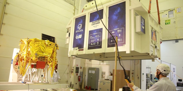 The Beresheet spacecraft being loaded into its shipping container (Photo credit: Tomer Levi)