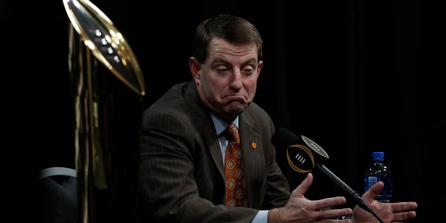 Clemson head coach Dabo Swinney answers questions at a news conference for the NCAA college football playoff championship game Sunday, Jan. 6, 2019, in Santa Clara, Calif.