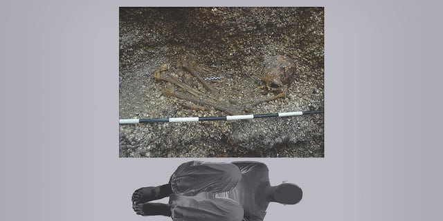 The excavated burial (top) of the ancient woman, next to an illustration (bottom) of how she was buried in a shallow oval pit about 5,900 years ago.
