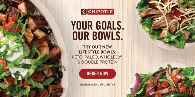 Chipotle's new Lifestyle Bowls include a Whole30® Salad Bowl, a Paleo Salad Bowl, a Keto Salad Bowl and a Double Protein Bowl.
