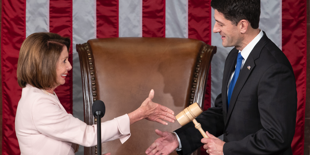 In this file photo from Tuesday, Jan. 3, 2017, House Democratic Leader Nancy Pelosi of California, left, shakes hands with Speaker of the House Paul Ryan, R-Wis., at the start of the 115th Congress, at the Capitol in Washington. The Republicans will relinquish the majority to House Democrats under leadership of Nancy Pelosi as speaker on Thursday, Jan. 3, 2019, beginning a new era of divided government. (AP Photo/J. Scott Applewhite, file)