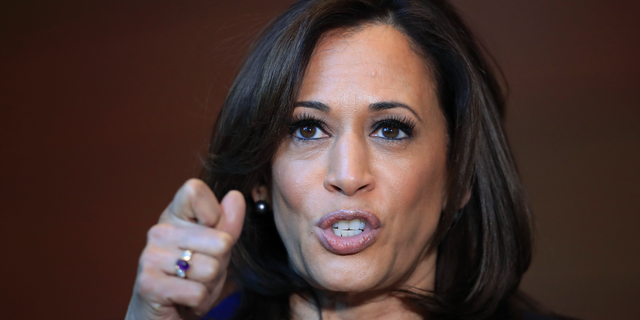 Sen. Kamala Harris, D-Calif., speaks to members of the media at her alma mater, Howard University, Monday, Jan. 21, 2019 in Washington, following her announcement earlier in the morning that she will run for president. (AP Photo/Manuel Balce Ceneta)