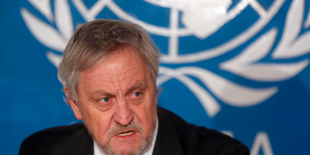FILE - In this Wednesday, Feb. 18, 2015, file photo, Nicholas Haysom, then the top UN envoy in Afghanistan, speaks during a press conference in Kabul. Somalia's government on Tuesday, Jan. 1, 2019 ordered Nicholas Haysom, the United Nations envoy to Somalia, to leave amid questions over the arrest of the al-Shabab extremist group's former deputy leader Mukhtar Robow who had run for a regional presidency. (AP Photo/Massoud Hossaini, File)