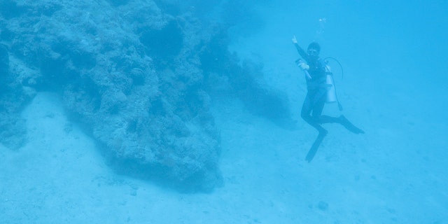 A diver points toward the aircraft discovered off Buka Island, Papua New Guinea.