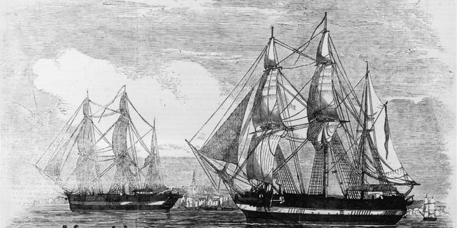 1845: The ships HMS Erebus and HMS Terror used in Sir John Franklin's ill-fated attempt to discover the Northwest passage. Original Publication: Illustrated London News pub 24th May 1845.